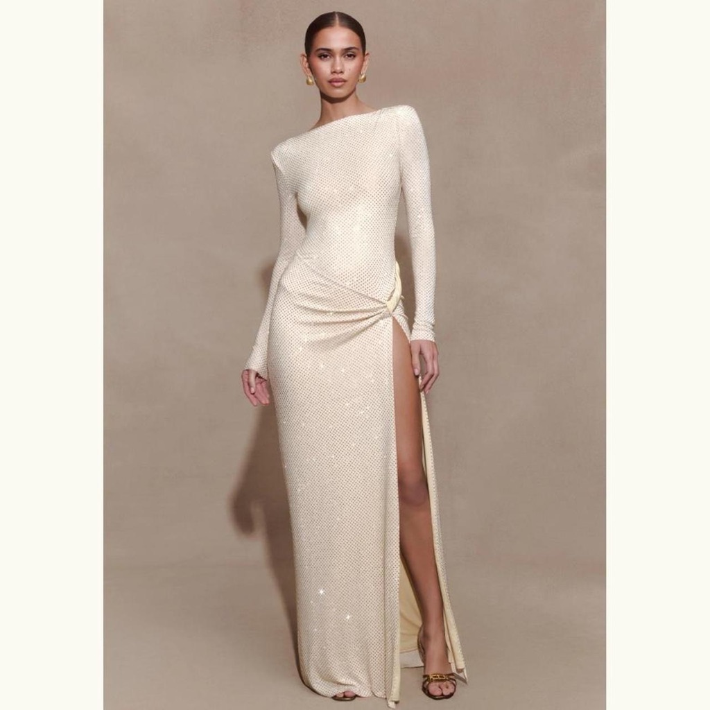 Meshki Gold Rhinestone Long-Sleeve Maxi Dress With High Side Slit
